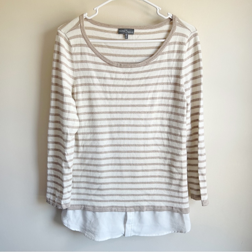 Market & Spruce Stitch Fix Beige White Striped Layered Pullover Sweater